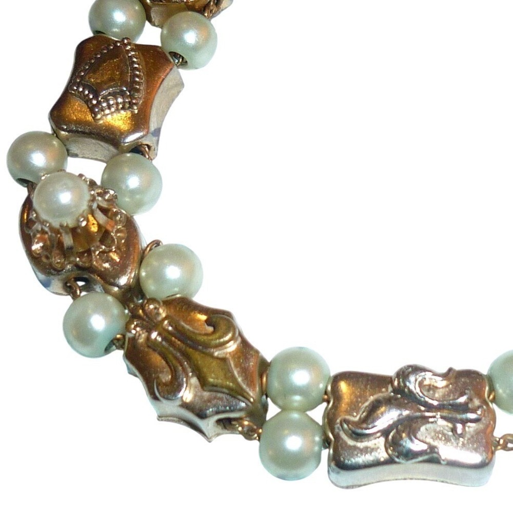 Vintage 1/20 12K GF Gold Filled Victorian Slide Bracelet Faux Pearl Charms 7"